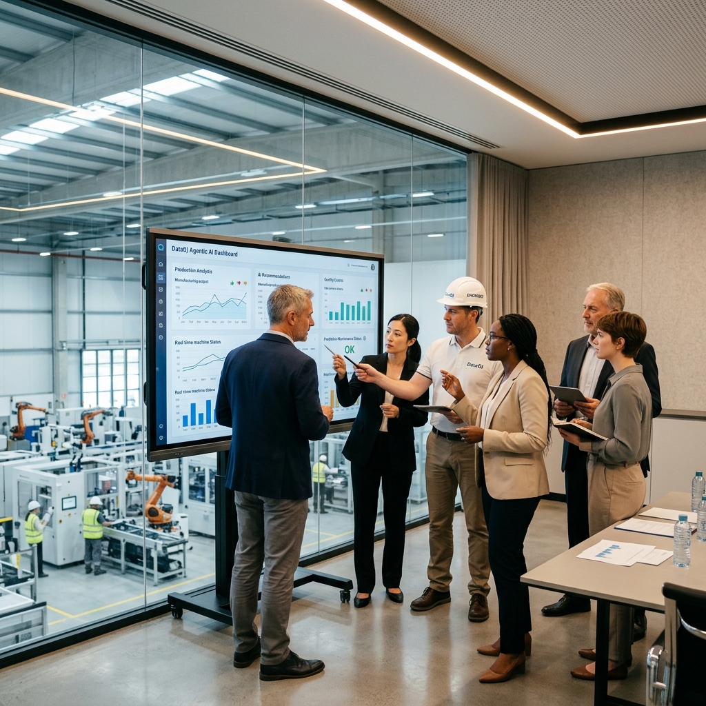 Manufacturing engineers and executives analyzing a DataQI dashboard in a modern conference room
