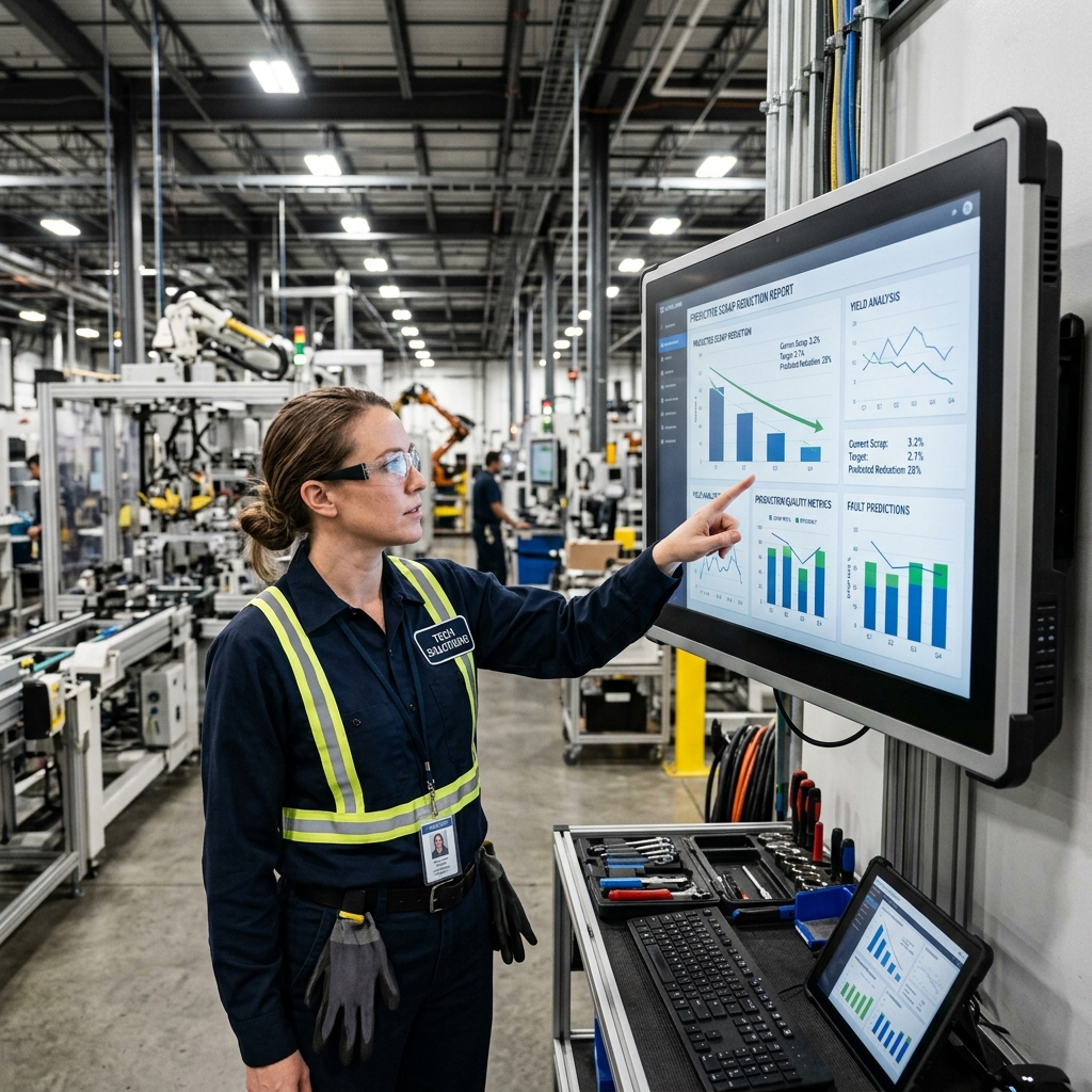 Factory worker reviewing predictive scrap reduction charts on a digital monitor