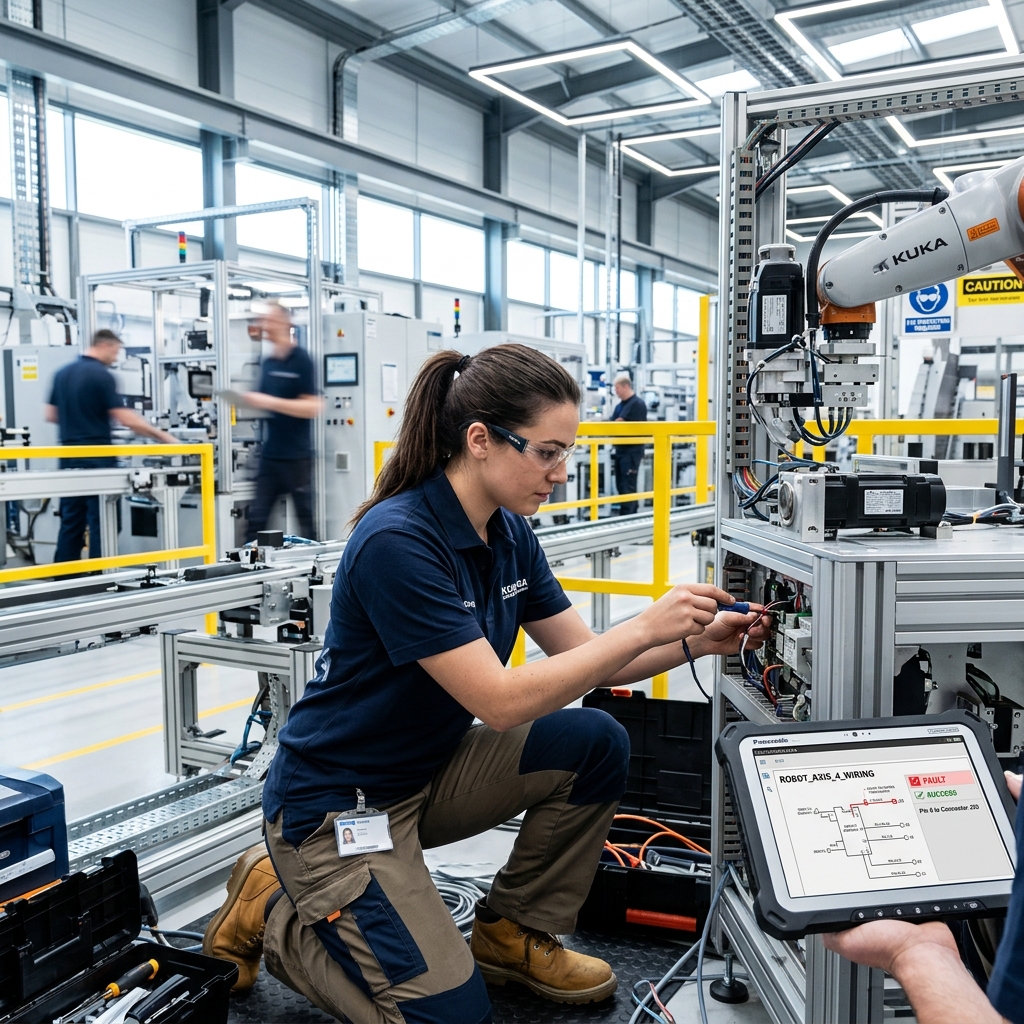 An engineer repairing a machine while glancing at a quick answer on a rugged tablet