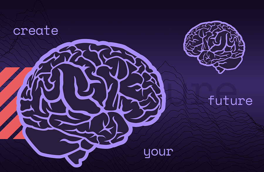 Two brains with the text 'Create your future' on a dark purple background.
