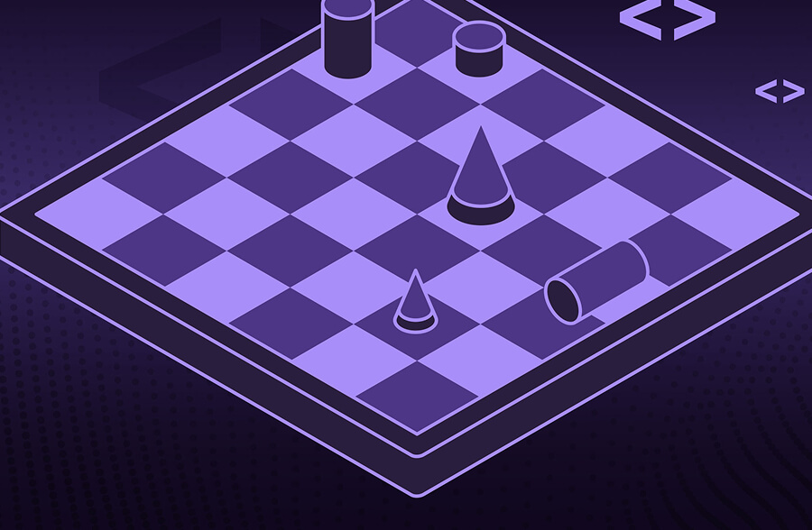 A chessboard with cylinders and pyramids on a dark purple background.