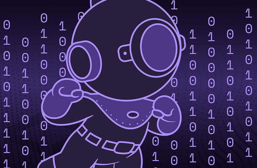 A diver in an old diving helmet and suit on a dark purple background.