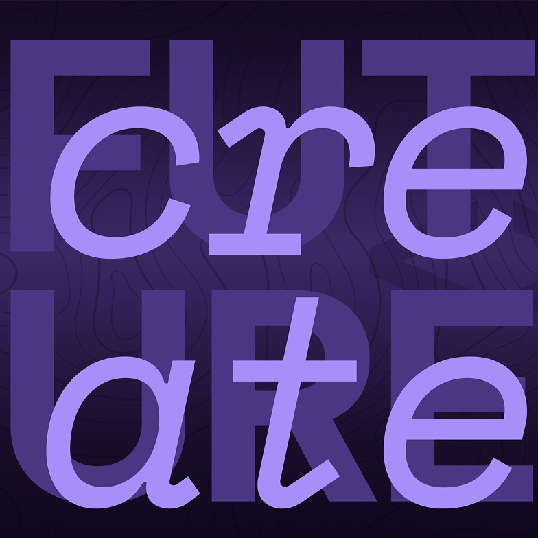 The word create is overlaid on the words future. The text is in light purple and the background is dark purple, with a squiggly line pattern.